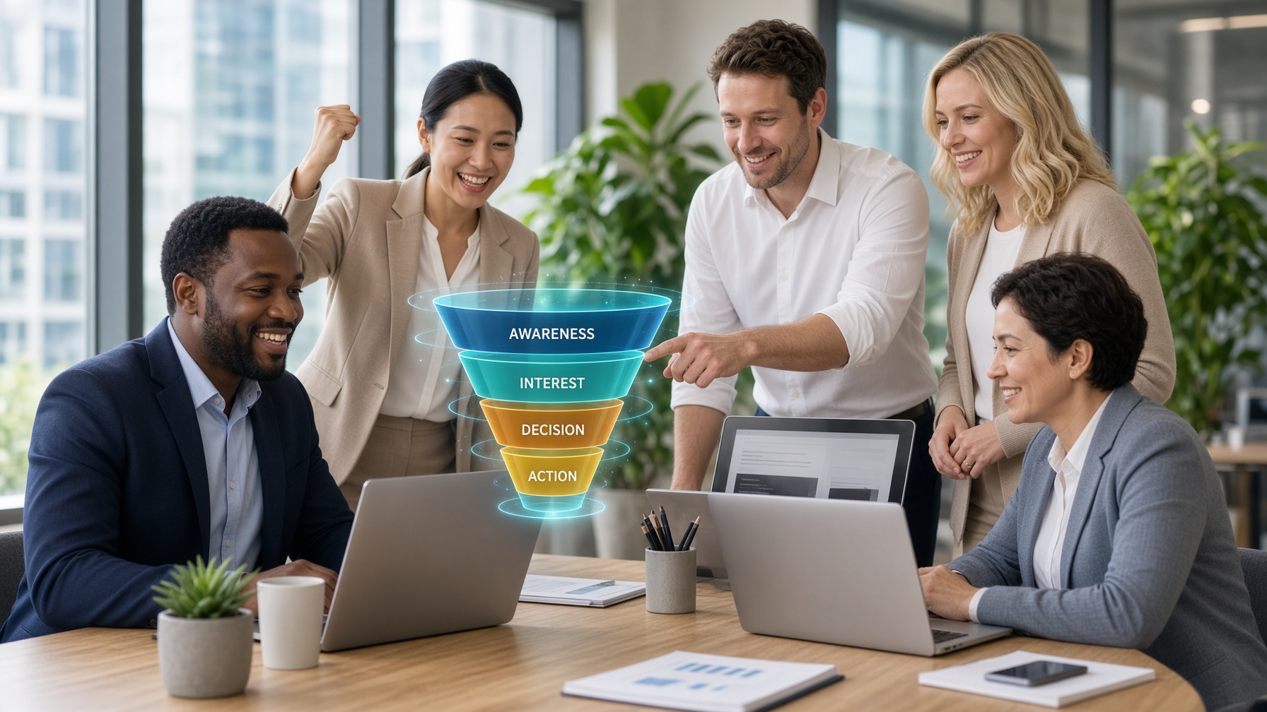 Sales team around a holographic pipeline funnel